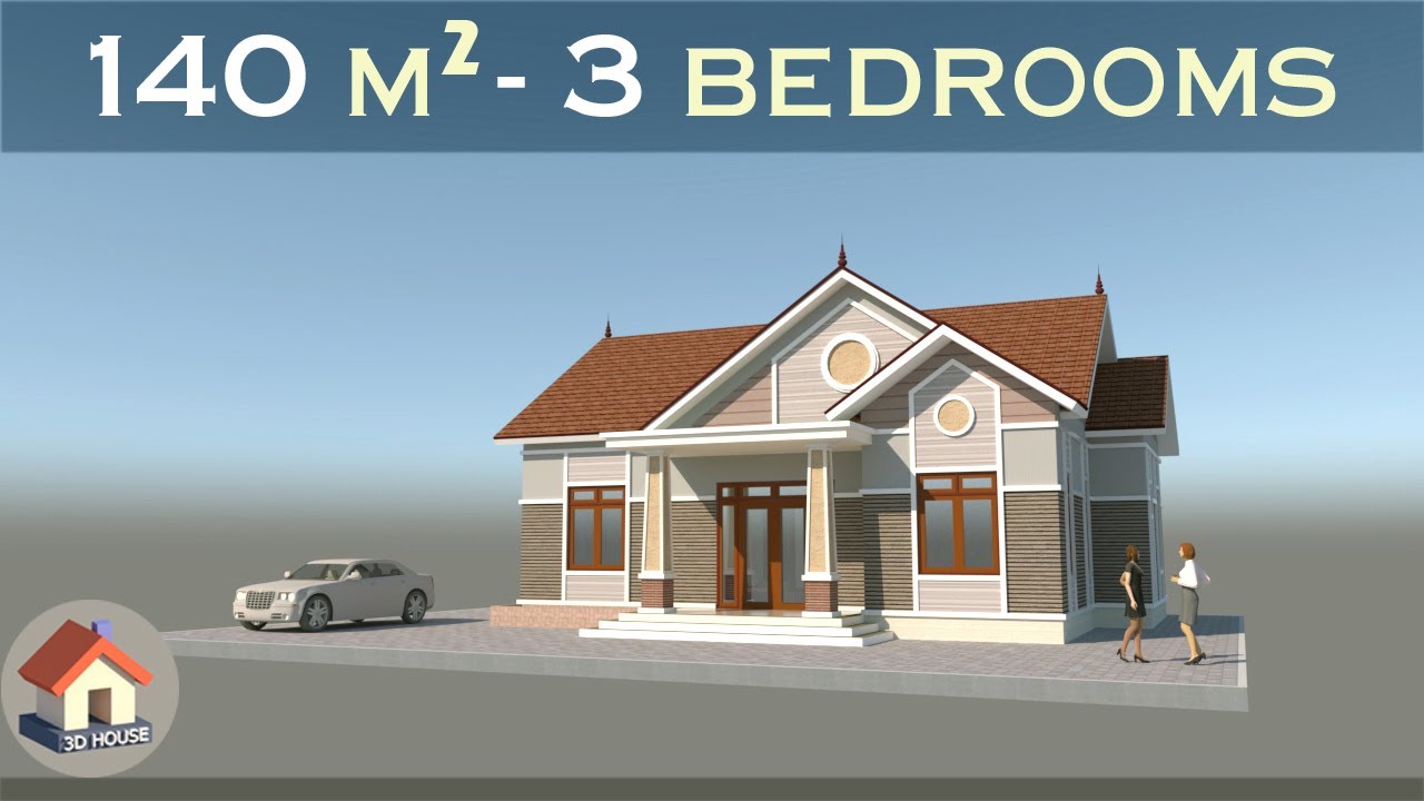 Mẫu nhà cấp 4 mái thái 3 phòng ngủ,140m2, thiết kế 3D... - youtube