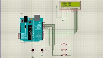 simulasi proteus arduino program menggunakan Push Button, LED, LCD.