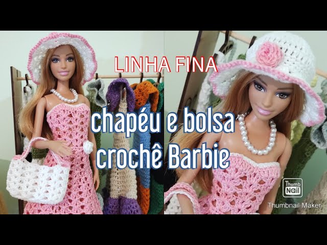 Chapéu e bolsa de crochê para Barbie, Versão linha fina