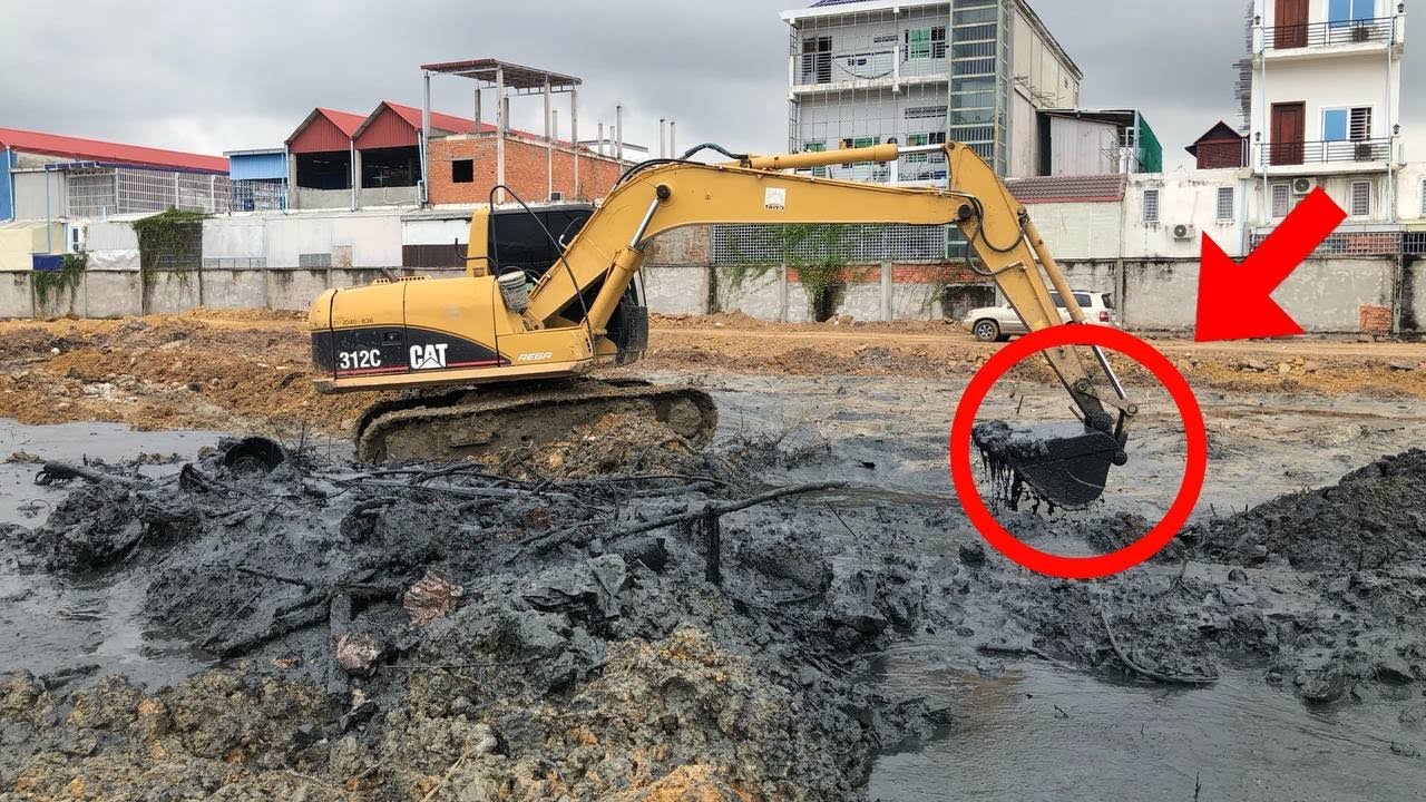 Amazing Deep Mud Excavation! CAT 312C Working Hard at the Site  Hard work