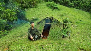 Build a complete and warm survival shelter, underground hut,grass roof,fireplace,baked potatoes,fish