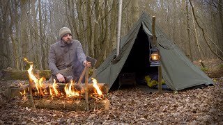 Bushcraft Camp  Polish Lavvu Shelter  Long Log fire  Rib Eye Steak