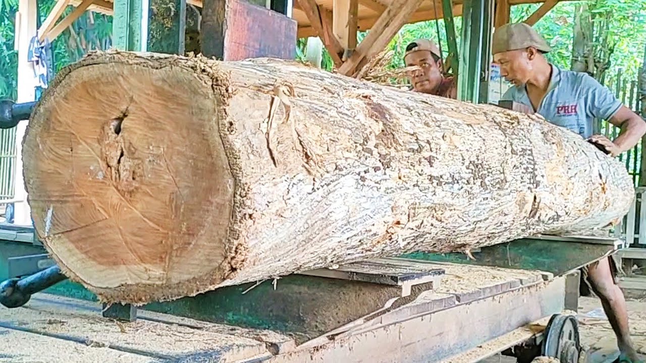extraordinary technique for sawing old teak logs into 7×14 blocks - YouTube