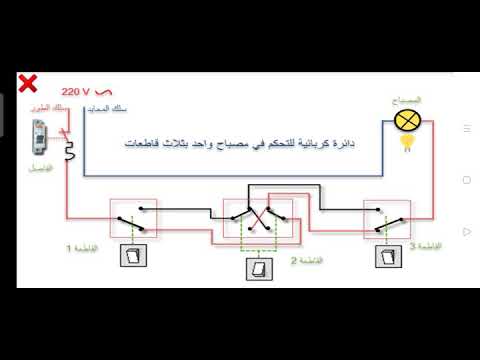 الدائره الكهربائيه لتوصيل مصباح 220فولت بواسطة 2مفتاح طرف سلم ومفتاح وسط سلم 