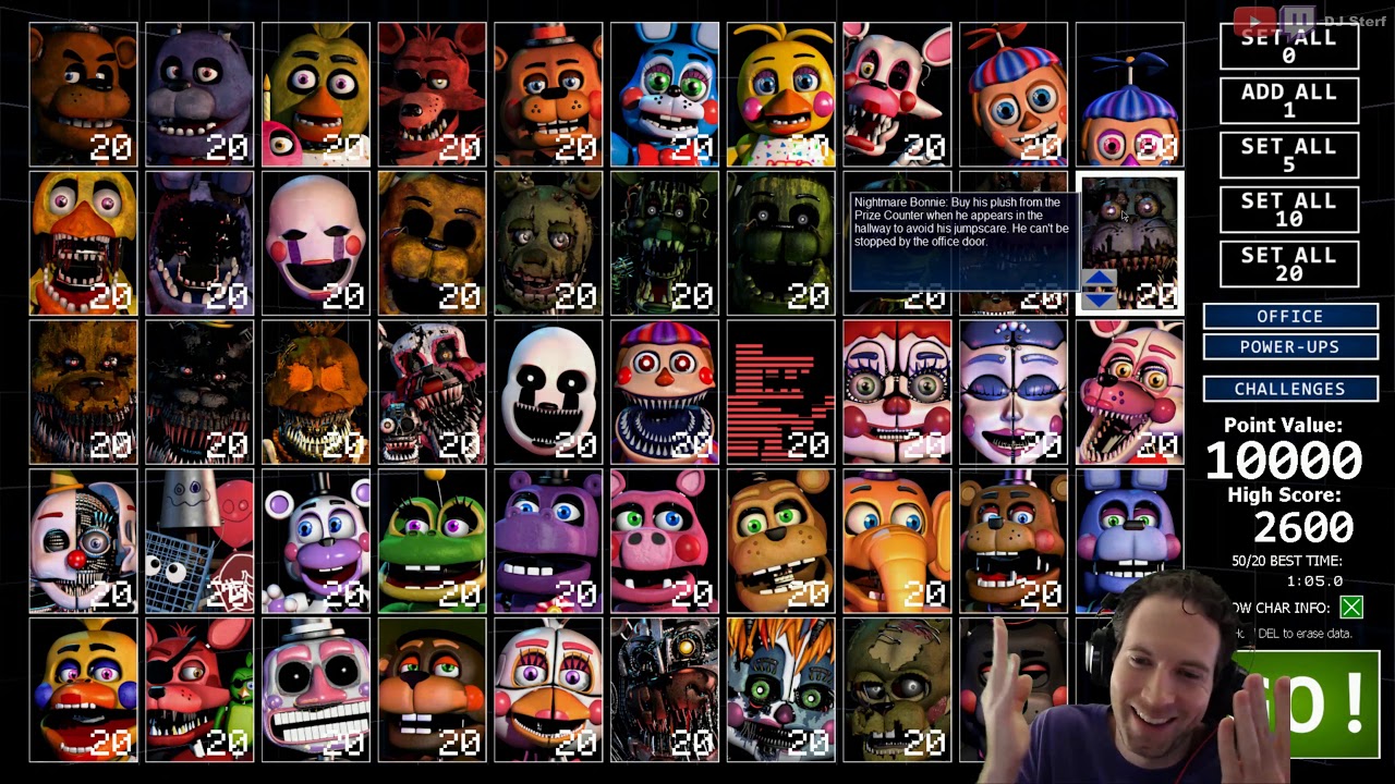 Ultimate Custom Night - 50+/20 Mode - 1:05 - Making slow progress, I guess.  This probably won't be impressive very soon.  Next goal is prob 1:30.