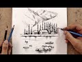 تعلم رسم منظر طبيعي سهل بالرصاص🏞️ | رسم بُحيرة وصخور ومنزل وجبال وأشجار