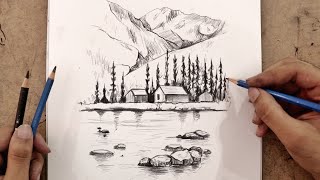 تعلم رسم منظر طبيعي سهل بالرصاص🏞️ | رسم بُحيرة وصخور ومنزل وجبال وأشجار