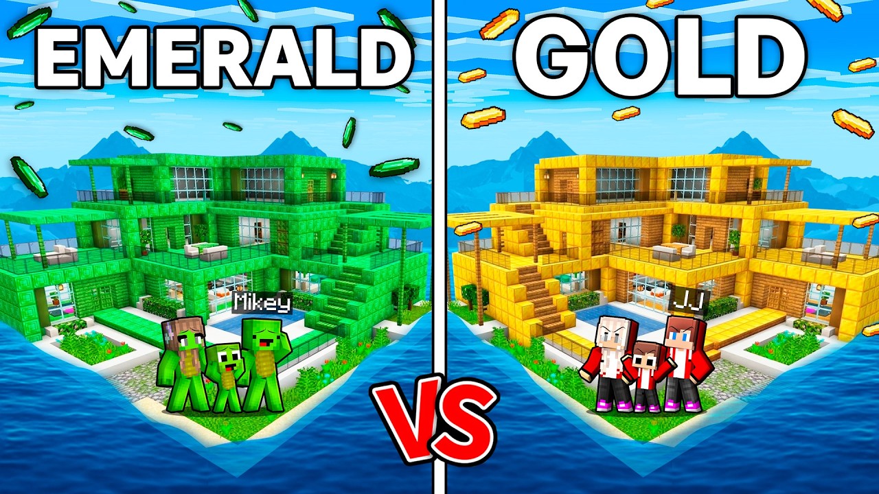 JJ and Mikey : EMERALD vs GOLD Modern Water House Family Battle - Maizen in Minecraft ! (Maizen)