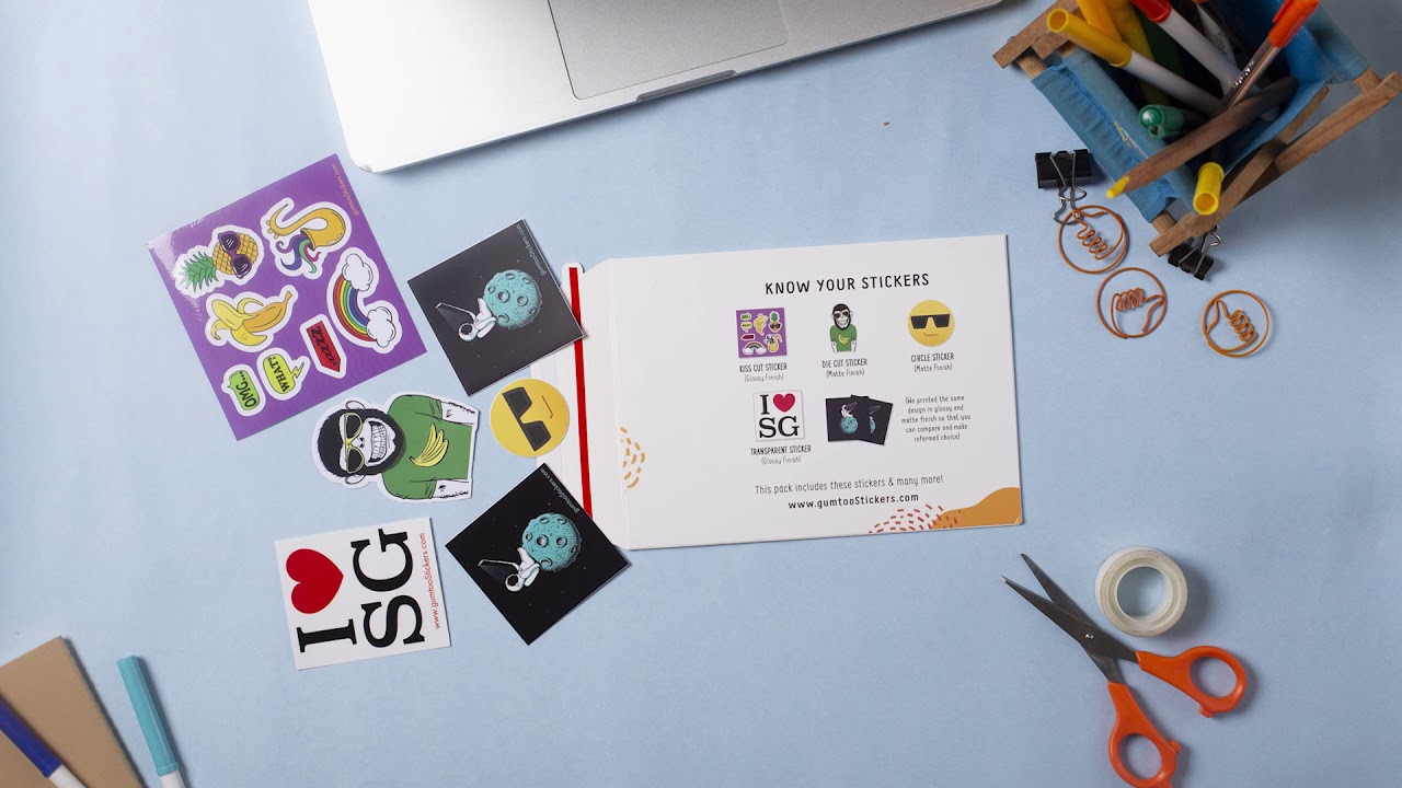 Custom Stickers Sample pack includes Die Cut Vinyl Stickers, Transparent Stickers, Kiss Cut Sticker