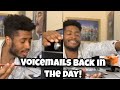 Recording a voicemail in the 2000s shorts