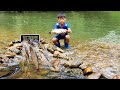 Bac created a fish trap using rocks and a plastic basket catching fish in a large stream