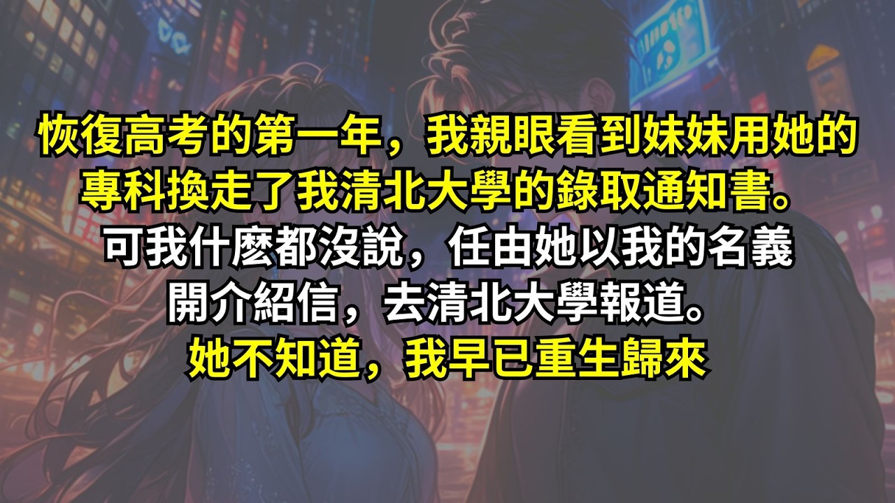 恢復高考的第一年，我親眼看到妹妹用她的專科換走了我清北大學的錄取通知書。可我什麽都沒說，任由她以我的名義開介紹信，去清北大學報道。她不知道，我早已重生歸來。