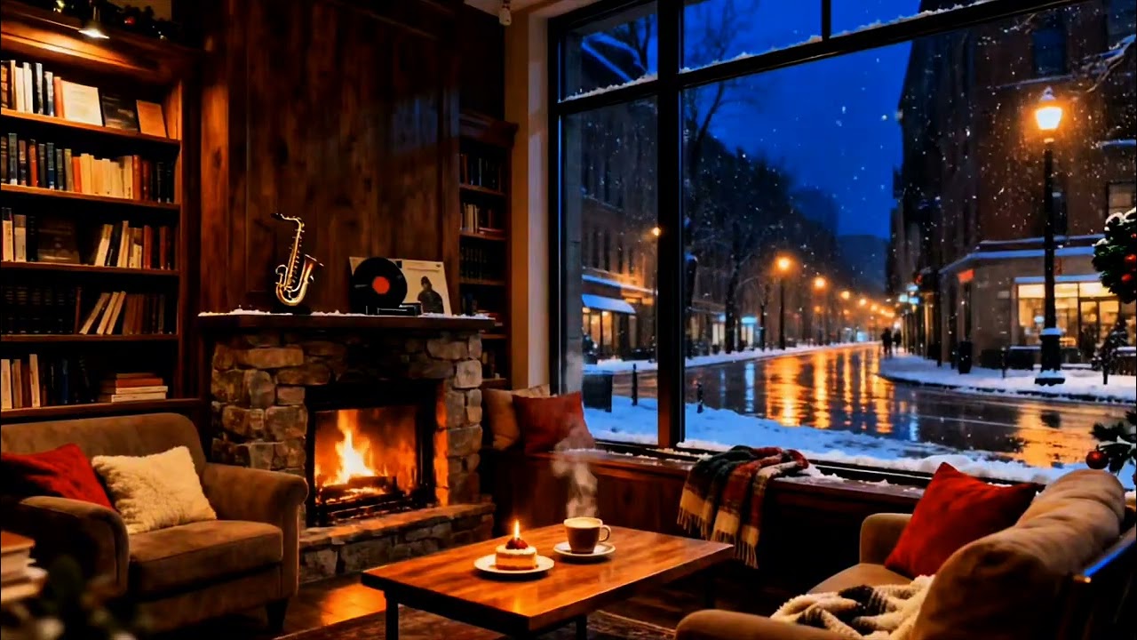Sweet Winter Coffee Shop Jazz ❄️ Snowy City Street, Fireplace Glow & Soft Piano Mood
