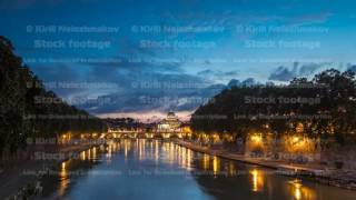 Rome, Italy: St. Peter's Basilica, Saint Angelo Bridge and Tiber River after the sunset day to night