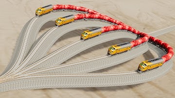 Impossible Multiple Overlapping Rail Tracks Crossover Vs Trains Crossing - BeamNG.Drive