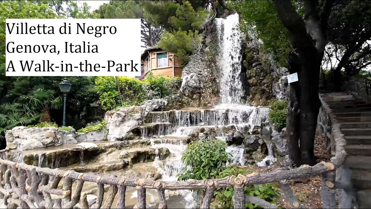 Villetta di Negro, Genova (Genua), Italy: Calm walk in empty park with waterfall, 4K