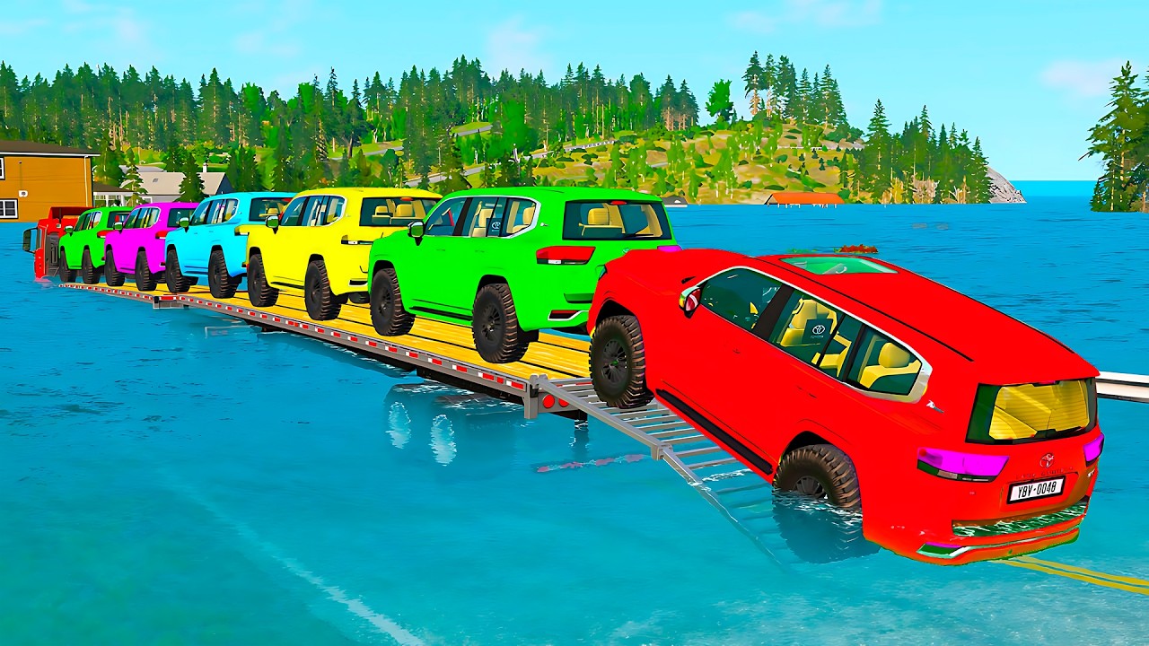 Triple Flatbed Trailer McQueen Transportation with Truck - Speedbumps vs Cars vs Train - BeamNG #97