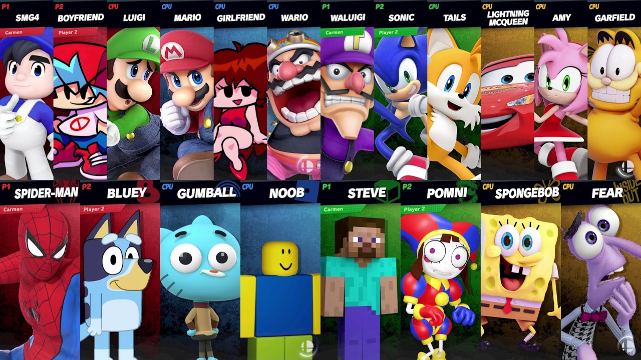 Sonic vs Mario vs Roblox vs Minecraft vs Car vs Spider-Man vs Bluey vs SpongeBob vs Amy | Smash Bros
