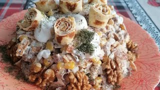 мясной салат с омлетом и орехамимяснойсалатс орехами