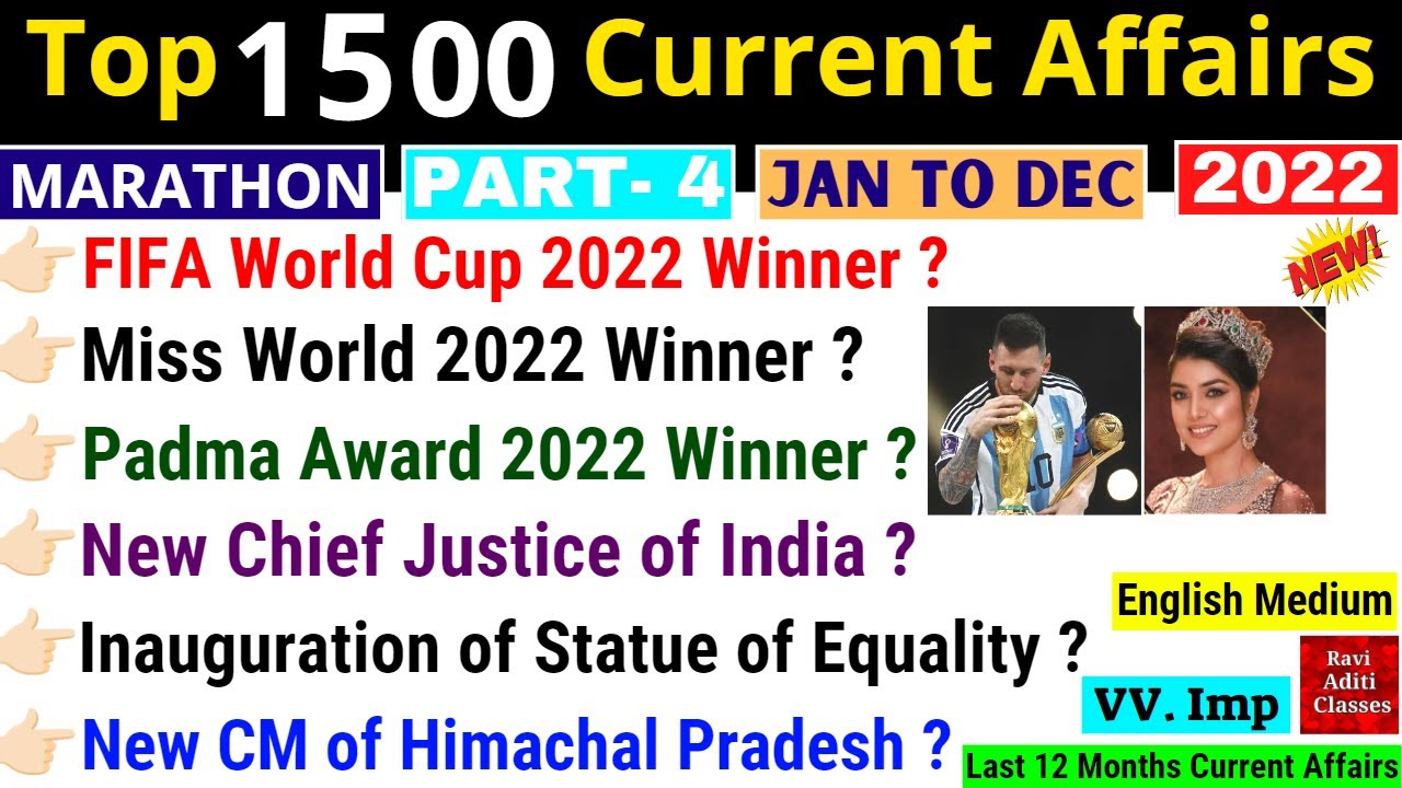 BEST 1500 Current Affairs 2022 in English | Jan To December | Part- 4 | Most Important Questions