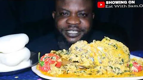 Asmr Mukbang Delicious Egusi Soup And Fufu With Mackerel Fish, Meats African Food, Eating Challenge