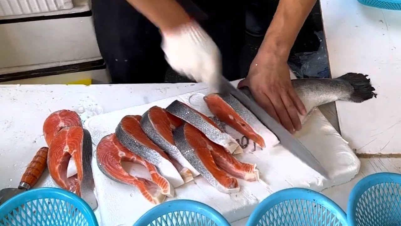 Salmon steak cutting skills! 30 Seconds Super Fast Salmon Cut, Salmon