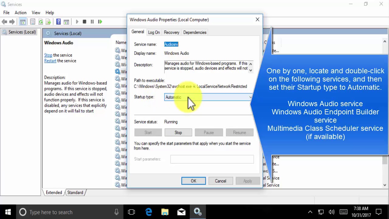 windows 10 audio service not running