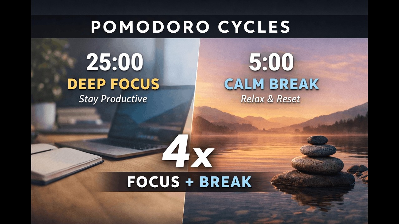 Pomodoro Focus Music | 25 Min Deep Focus + 5 Min Calm Break (4 Cycles)