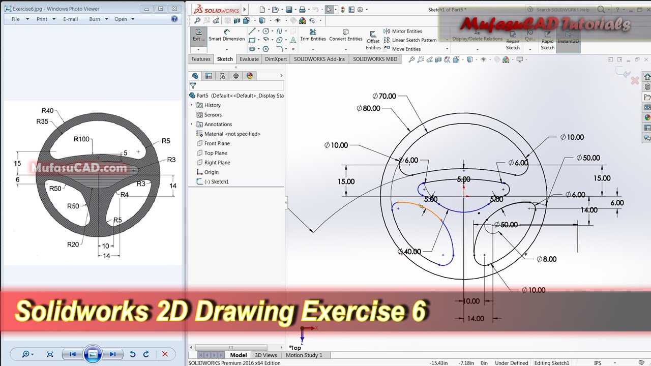 Solidworks 2d Drawing Practice Tutorial Basic Exercise 6 Youtube