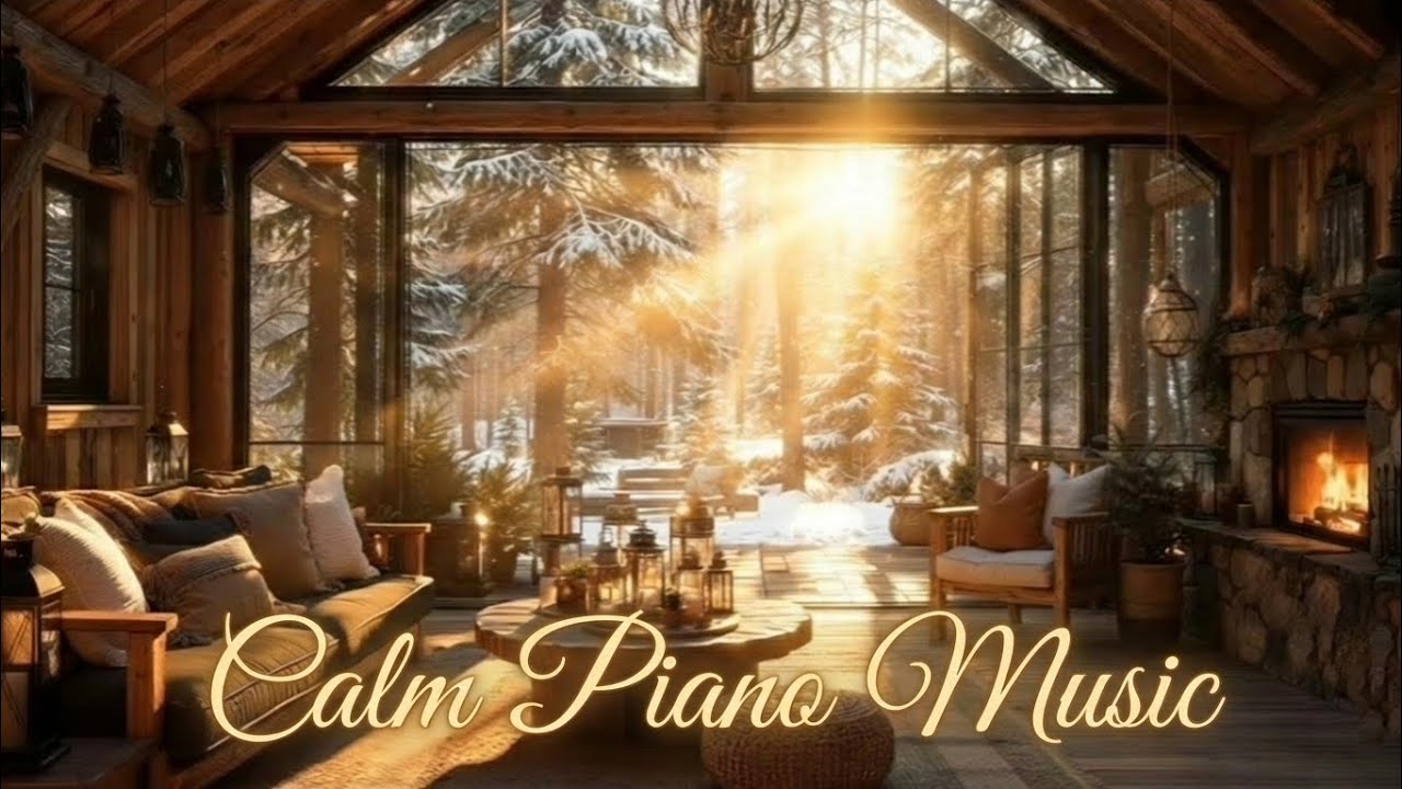 Cozy Cabin Winter Sun | Calm Piano Music & Golden Hour Ambience