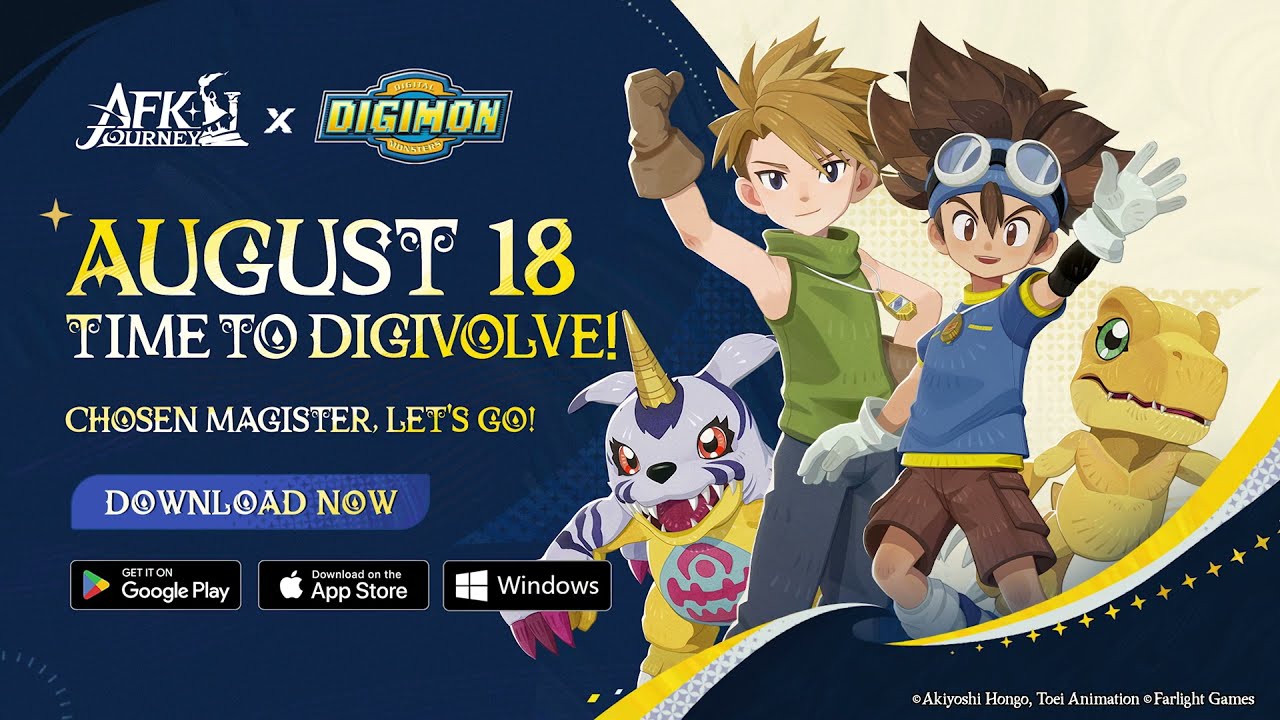 Tai and Agumon alongside Matt and Gabumon in the AFK Journey x Digimon Adventure crossover