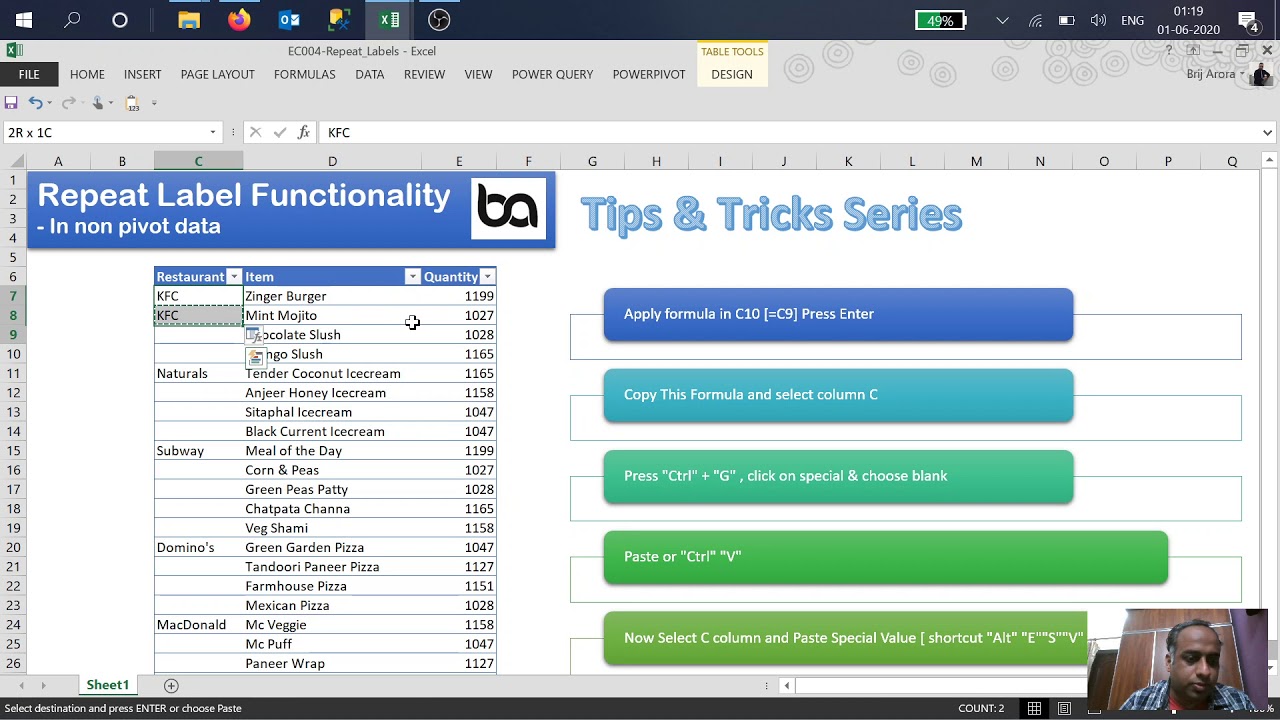 How to Repeat Labels in Non Pivot data from Software || Hindi