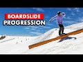 Front Boardslide Snowboard Trick Progression - Easy Boxes to Down Rails