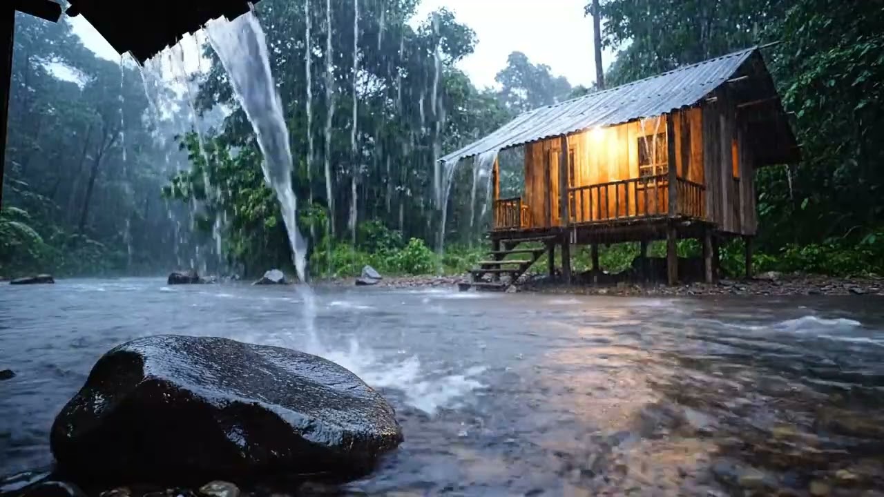 Extreme Rainstorm by the River Cabin (1 Hour) | Rain + Fast River Ambience for Sleep & Study
