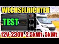 12V 230V Wechselrichter 2,5kWt Test für Wohnmobil, Wohnwagen, Solaranlage oder Balkonkraftwerk