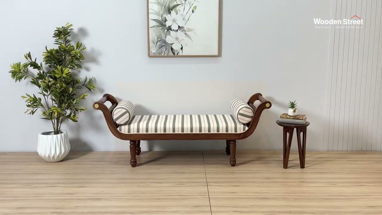 Virasat Cushioned Seat Hand Craved Sheesham Wood Sofa Bench (Teak Finish, Green Strip)