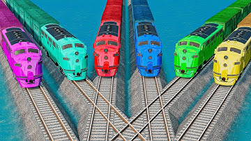 Double Train Vs Colorful Quadruple Trains vs Impossible Rail Track Crossing Deepwater | BeamNG.drive
