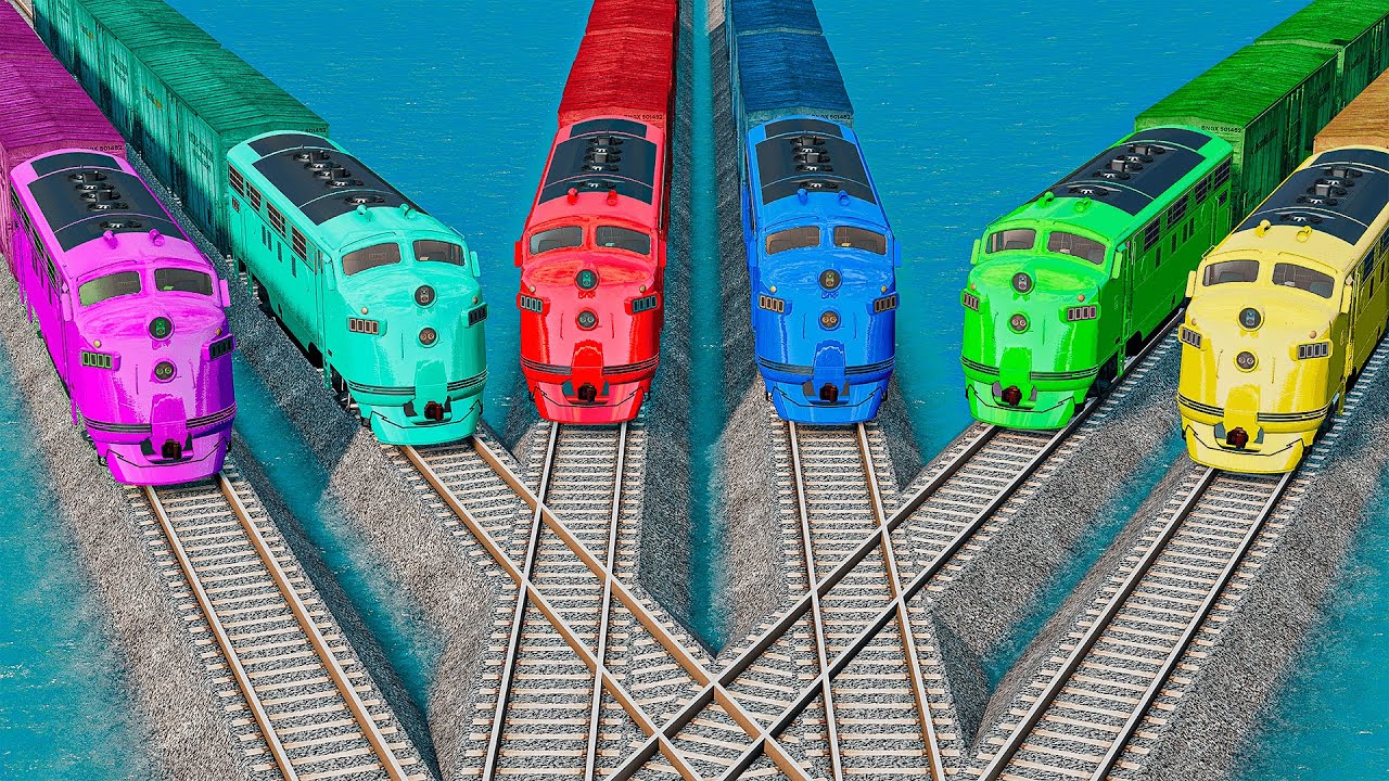 Double Train Vs Colorful Quadruple Trains vs Impossible Rail Track Crossing Deepwater | BeamNG.drive