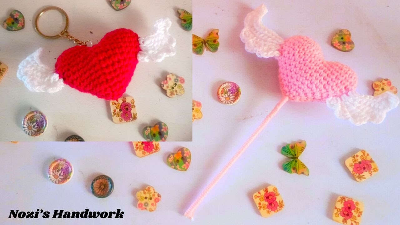 How to Crochet a Heart with wings - For Absolute Beginners , Crochet Keychain in Tamil - [ Eng Sub ]