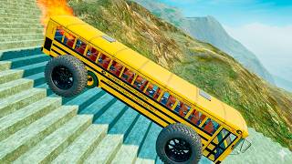 Insane BeamNG Drive Physics – School Bus Down Stairs Jumps Crash Test Compilation