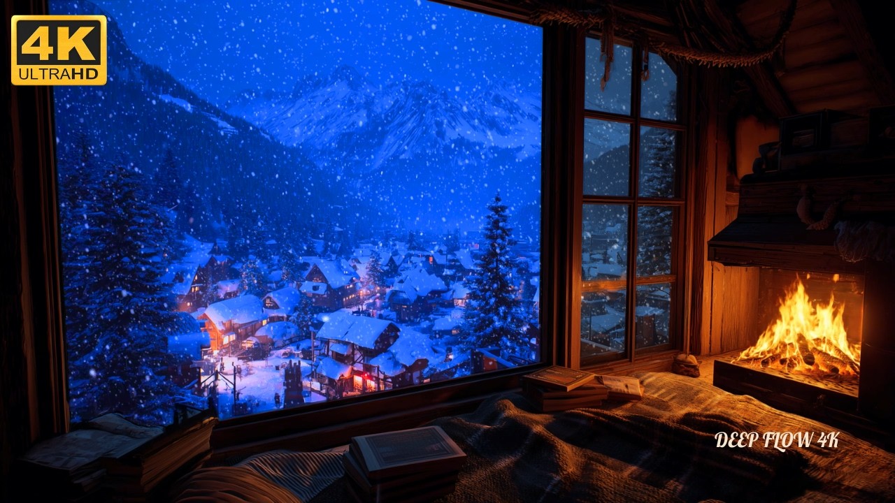 ❄️ Snowy Village Night from Cozy Cabin | Fireplace & Winter Wind Sounds | 4K Sleep Ambience