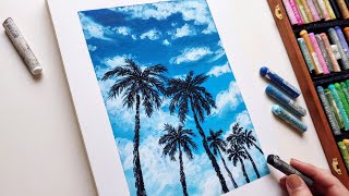 Oil Pastel Landscape #62 / Summer sky's Palm trees for Beginners _ Easy Healing Drawing