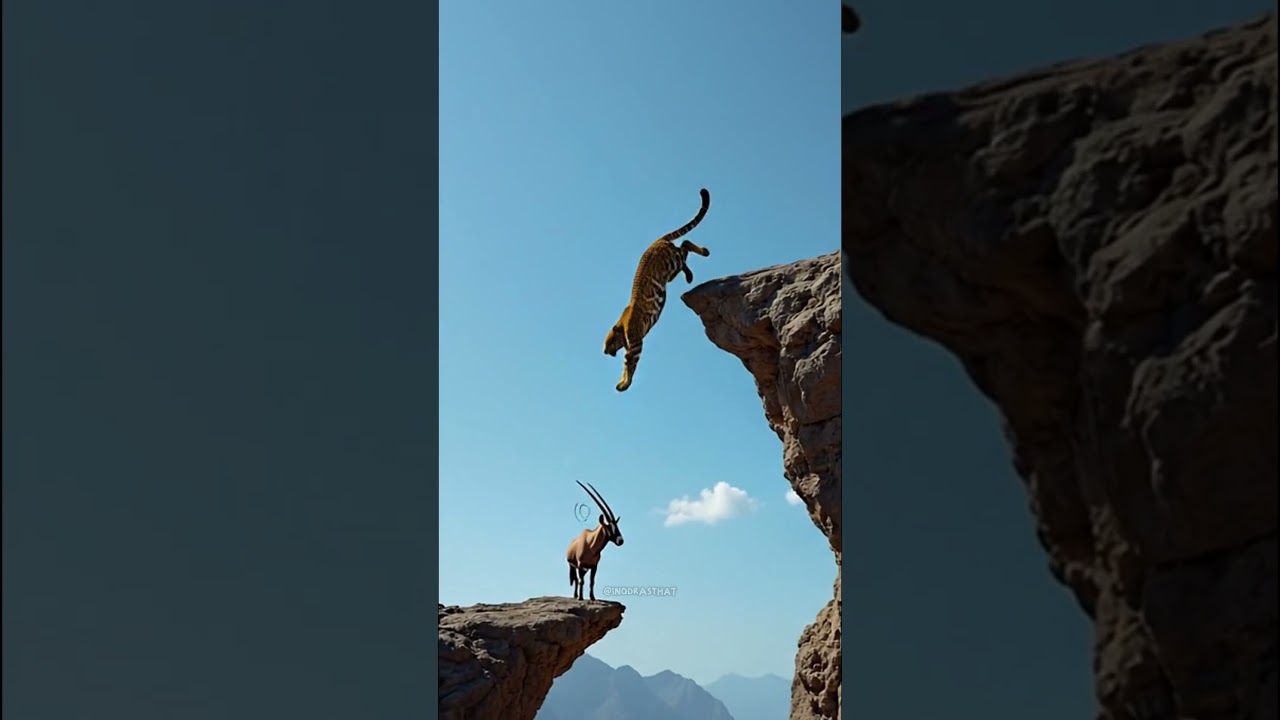 Amazing leopard makes an impossible jump across two cliffs 