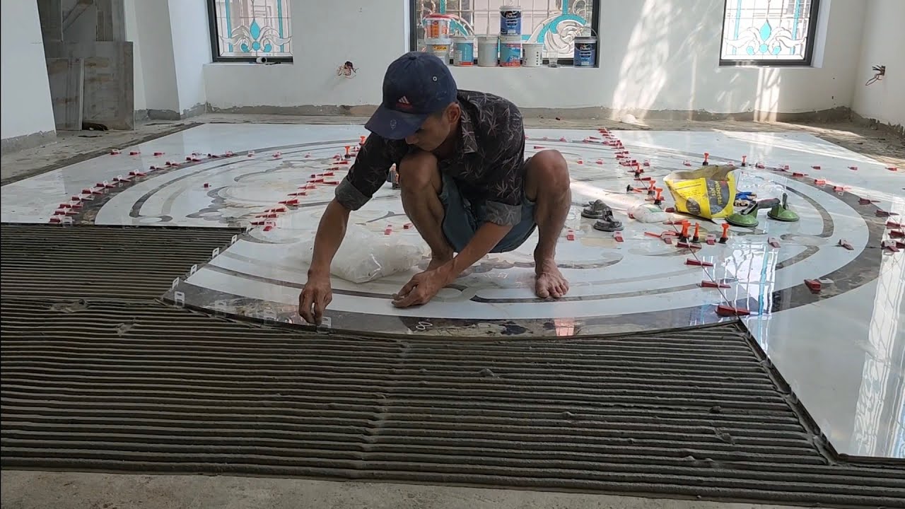 thi công lát gạch nền khổ lớn 1600x1600 điểm 3d hoa văn chuẩn từng chi tiết tập 834