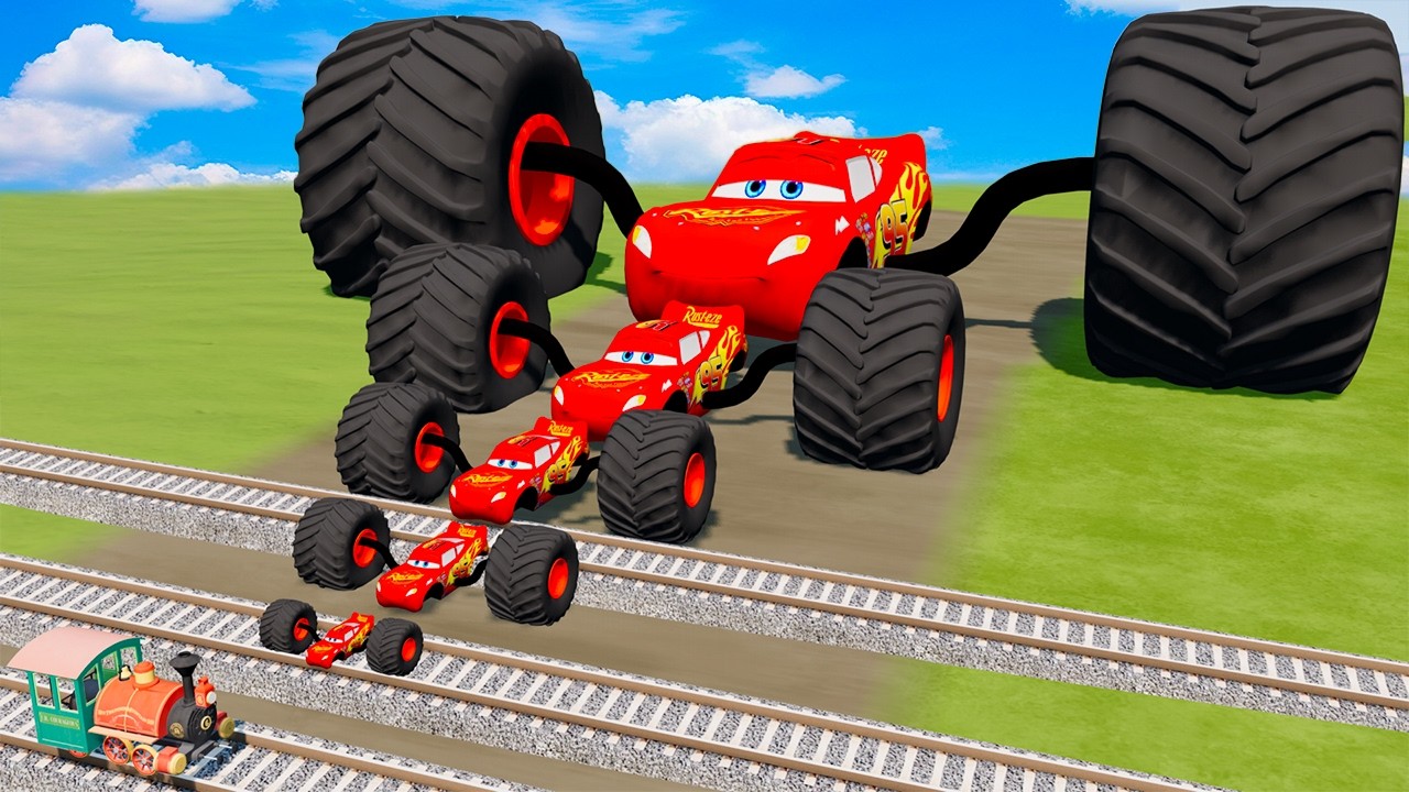 Big & Small McQueen Spider with One Monster wheels VS Train | BeamNG.drive