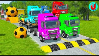 Double Flatbed Trailer Truck vs Speedbumps Train vs Cars | Tractor vs Train Beamng.Drive102