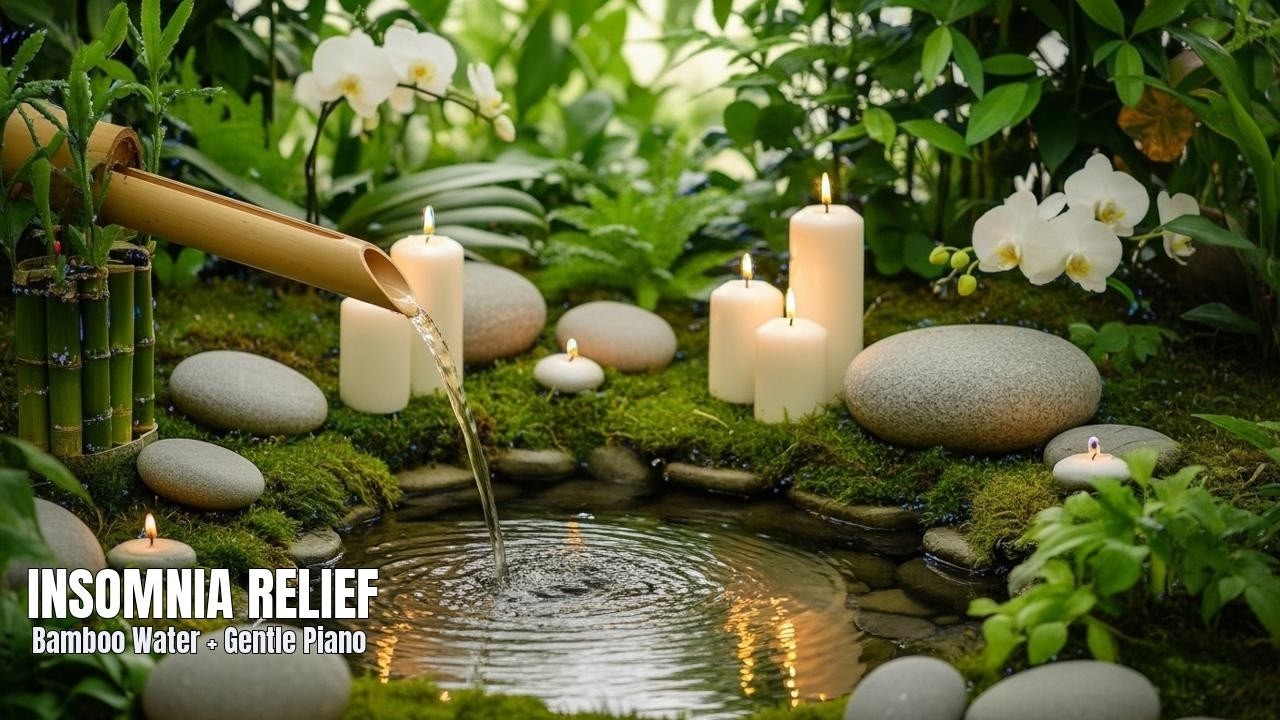 Insomnia Relief: Bamboo Fountain Sounds + Gentle Piano (No Talking) • Live Soundscape