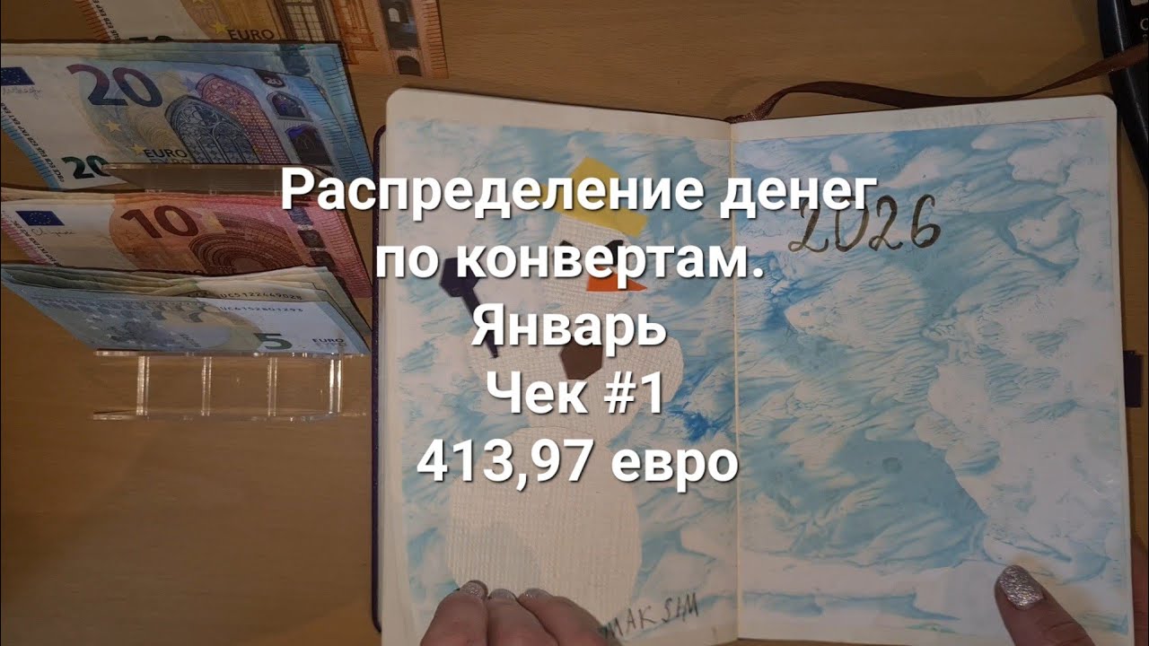 Распределение денег по конвертам. Январь. Чек #1. 413,97 Евро