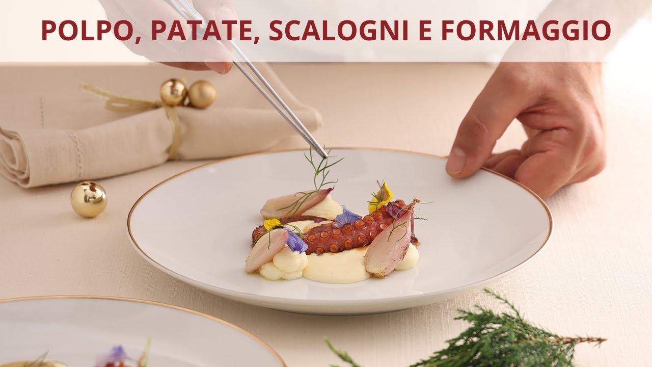 Chef Luigi Pomata: Tentacoli di polpo scottati, due creme di patate, fonduta di formaggio e scalogni