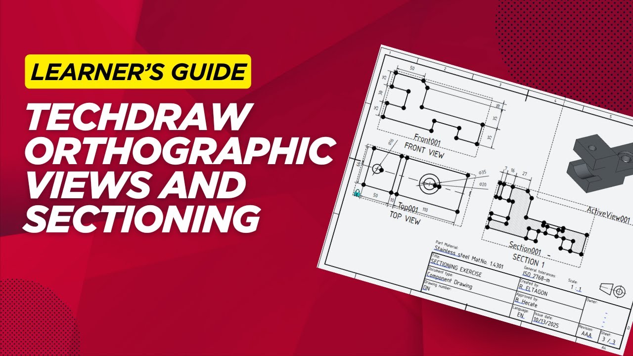 Techdraw Tutorial TECHDRAW ORTHOGRAPHIC VIEWS AND SECTIONING |FREE CAD TUTORIAL - YouTube